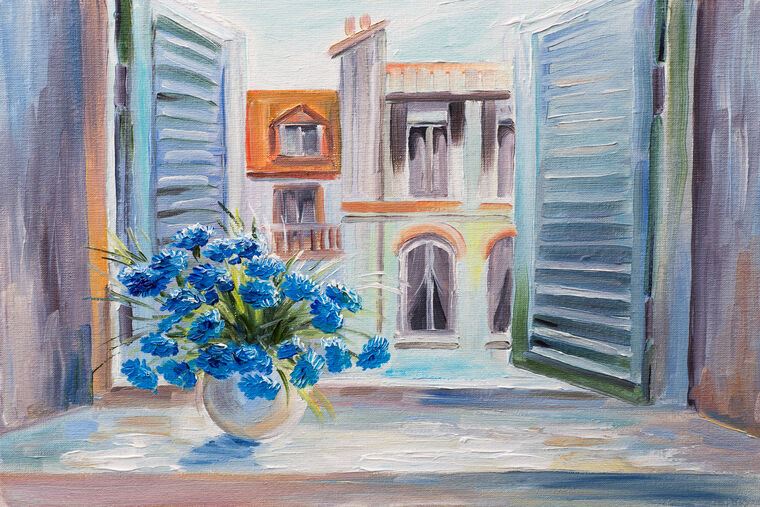 Купить и печать на заказ Репродукции картин Букет синих цветов у окна