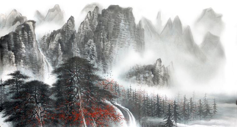 Купить и печать на заказ Репродукции картин Китайский пейзаж с горами