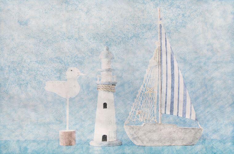 Купить и печать на заказ Репродукции картин Детский кораблик, маяк и чайка