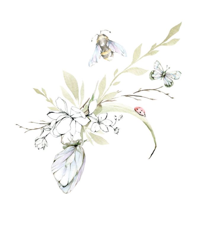 Купить и печать на заказ Репродукции картин Нежная иллюстрация с бабочками и пчелой