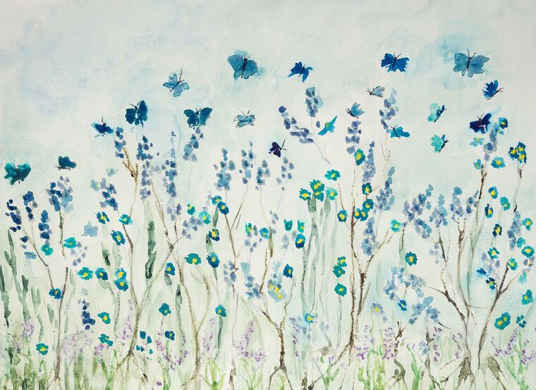 Картины Delicate watercolor flowers and butterflies