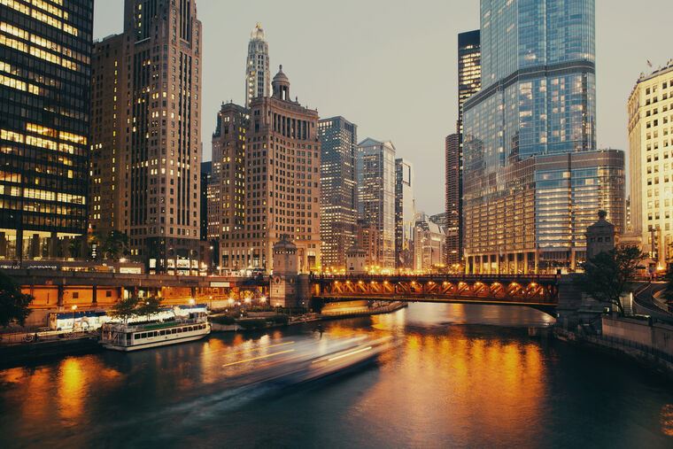 Купить и печать на заказ Репродукции картин Мост ДюСейбль в сумерках, Чикаго