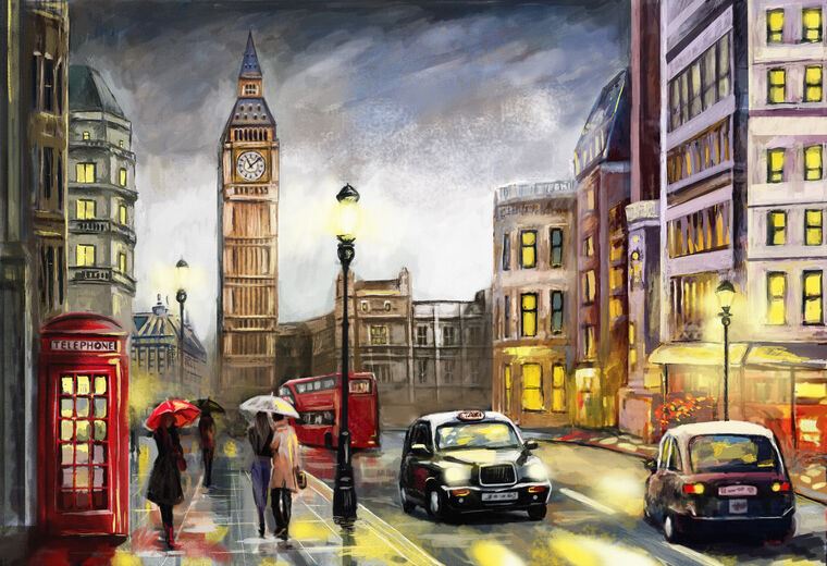 Купить и печать на заказ Репродукции картин Улица Лондона с видом на Биг Бен