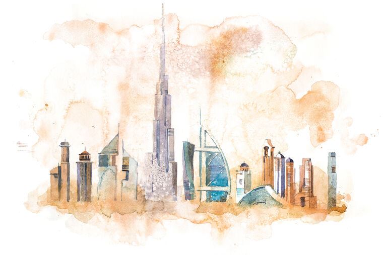 Купить и печать на заказ Картины Горизонт Дубая акварель