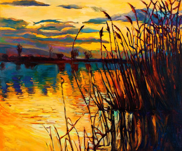 Купить и печать на заказ Репродукции картин Золотой закат над озером
