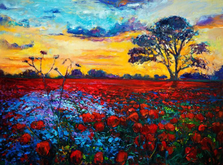 Paintings Field of poppies at sunset