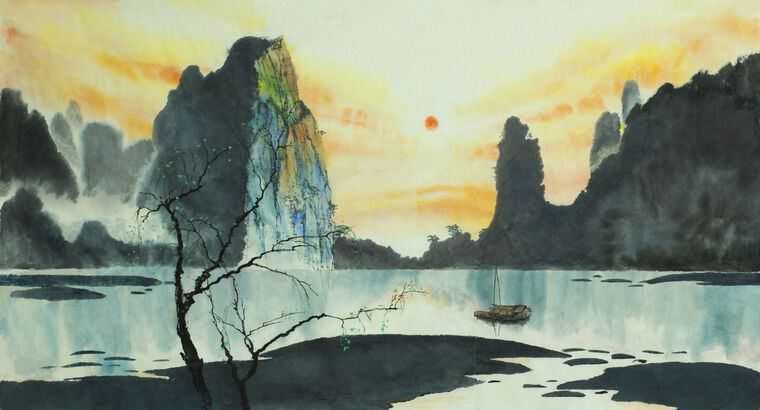 Купить и печать на заказ Репродукции картин Китайская живопись лодка на реке