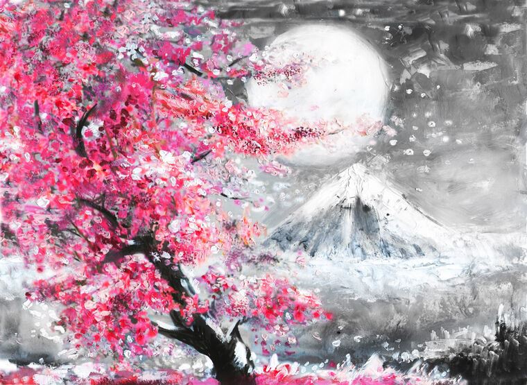 Купить и печать на заказ Репродукции картин Японский пейзаж с сакурой