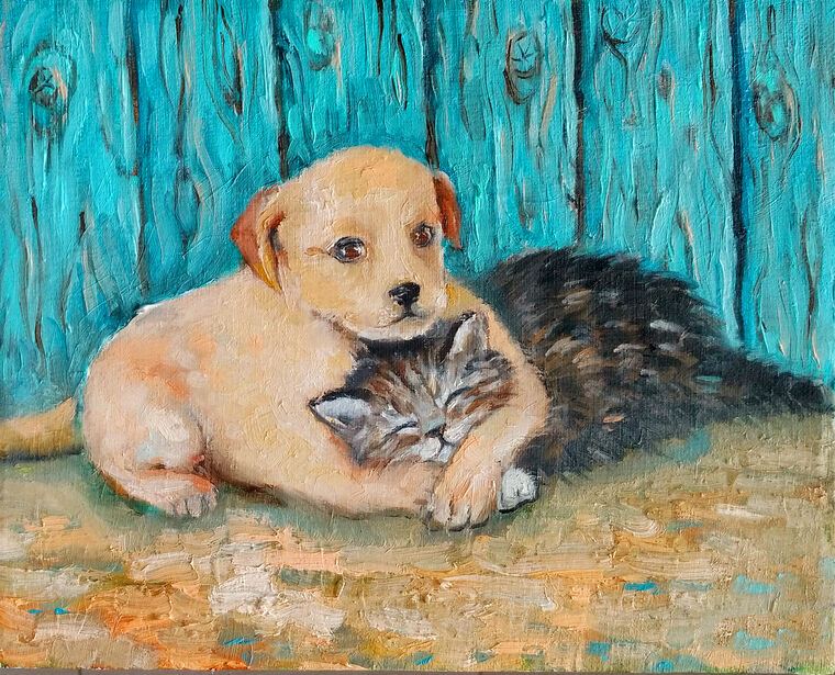 Reproduction paintings Kitten and puppy