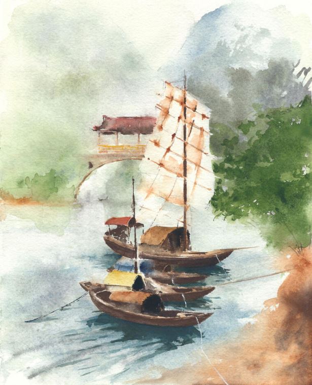 Купить и печать на заказ Репродукции картин Лодка на реке китайский пейзаж