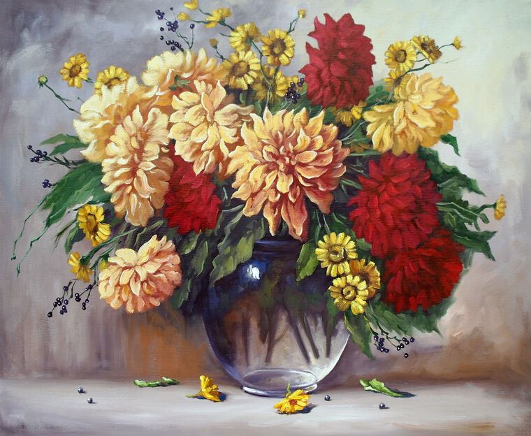 Купить и печать на заказ Репродукции картин Натюрморт с цветами в прозрачной вазе