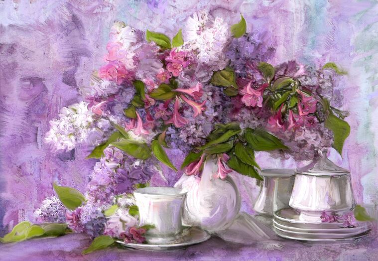 Paintings Tea set and lilac