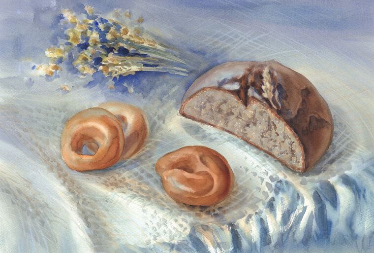 Купить и печать на заказ Репродукции картин Акварельный натюрморт с хлебом