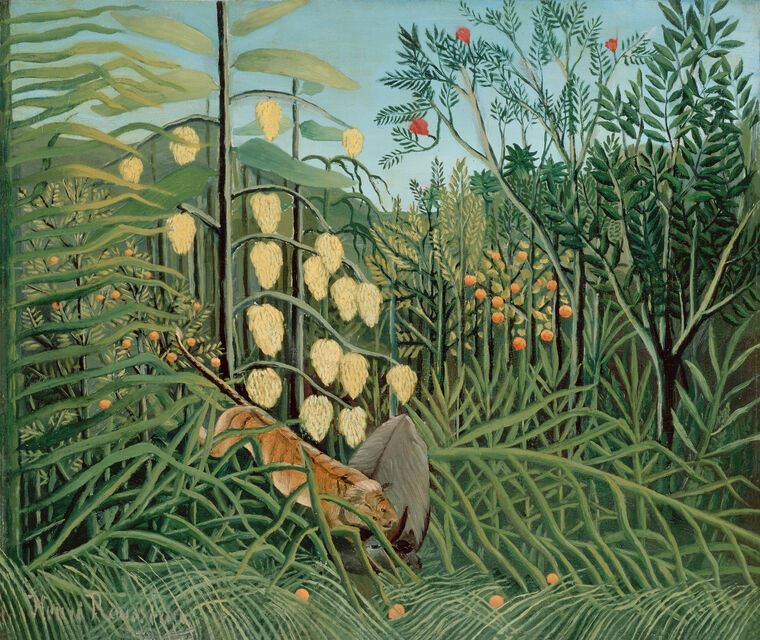 Paintings In a tropical forest Struggle between Tiger and bull (Henri Rousseau)