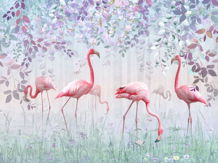 Репродукции картин A magical landscape with flamingos