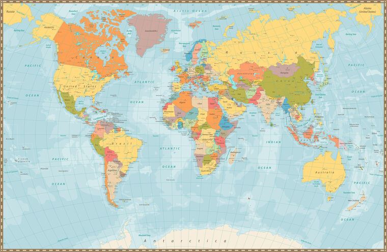Купить и печать на заказ Репродукции картин Политическая карта мира на английском
