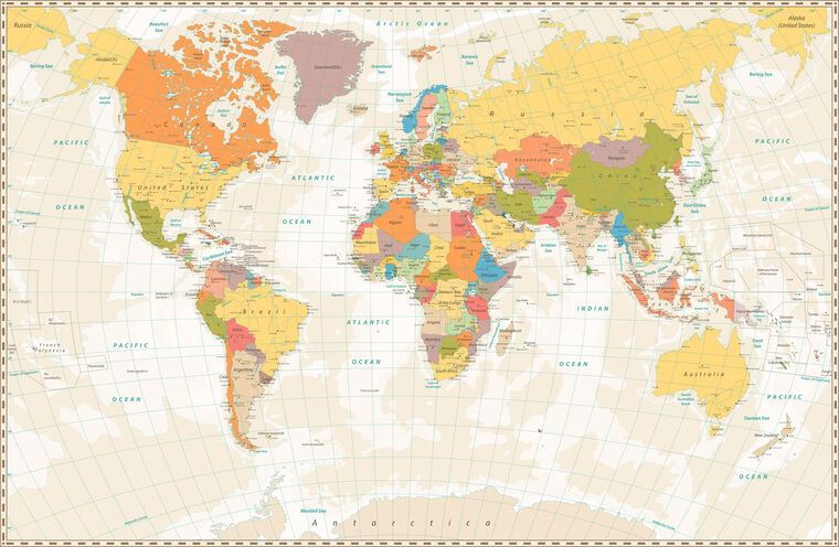 Купить и печать на заказ Репродукции картин Политическая карта мира на английском на бежевом