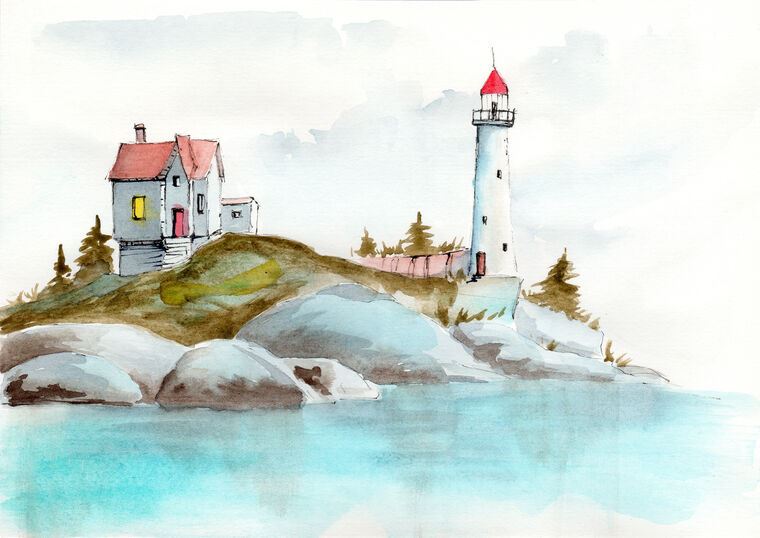 Картины Lighthouse and a house on the shore