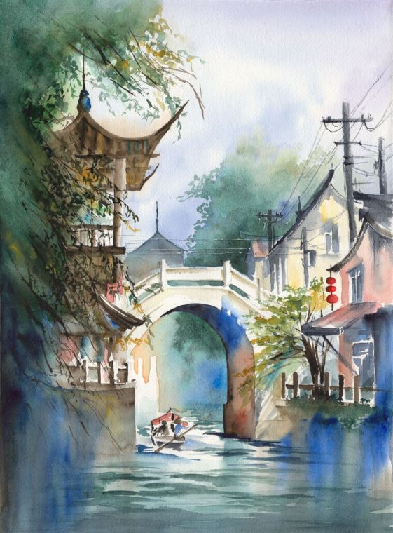 Купить и печать на заказ Репродукции картин Китайский городской пейзаж с рекой