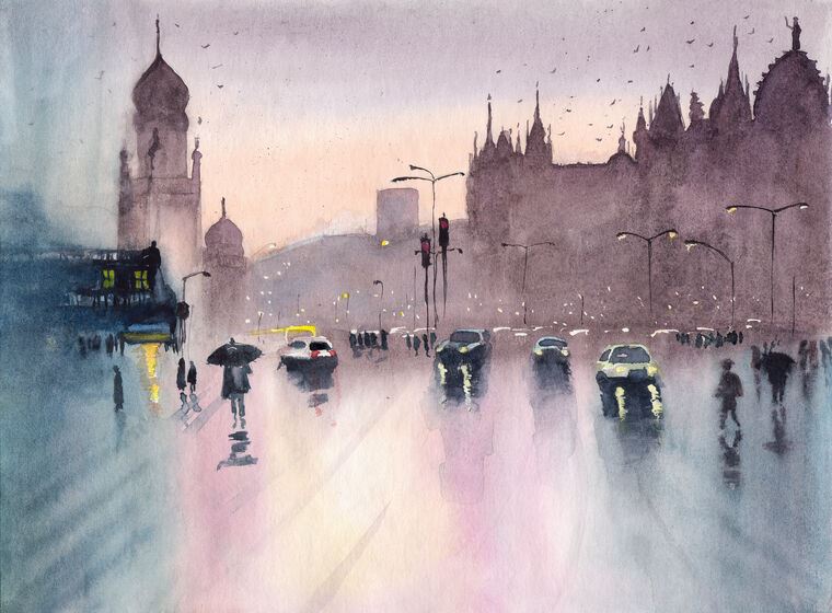 Купить и печать на заказ Репродукции картин Дождливый пейзаж Мумбаи с автомобилями и пешеходами