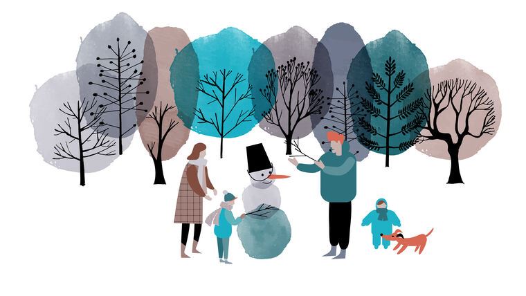 Картины в рамке, багете Illustration of a family sculpts snowman