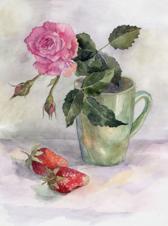 Купить и печать на заказ Репродукции картин Акварельный натюрморт с розой и клубникой