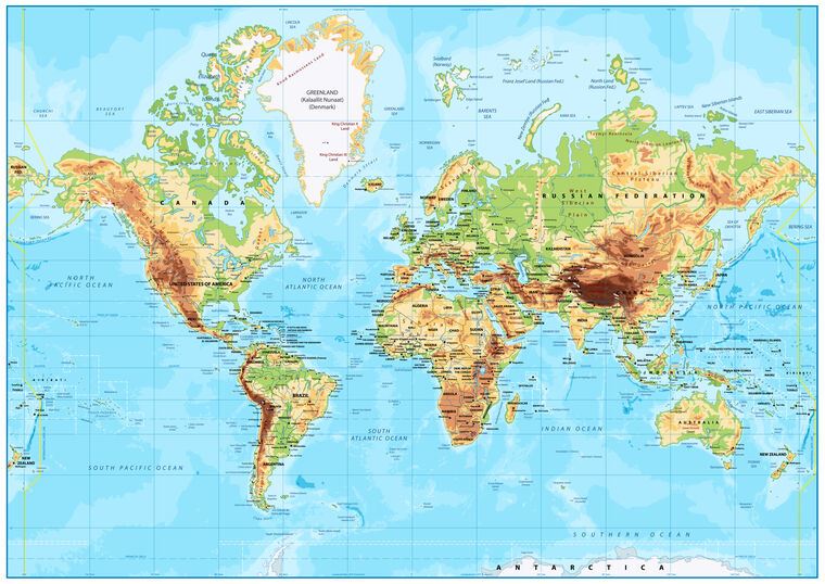 Купить и печать на заказ Репродукции картин Физическая карта мира на английском яркая
