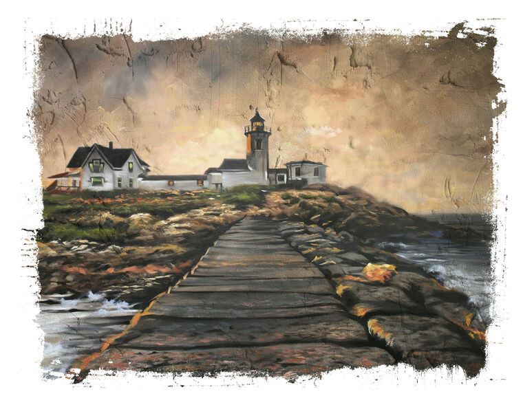 Paintings Coast with a lighthouse in the cloudy weather