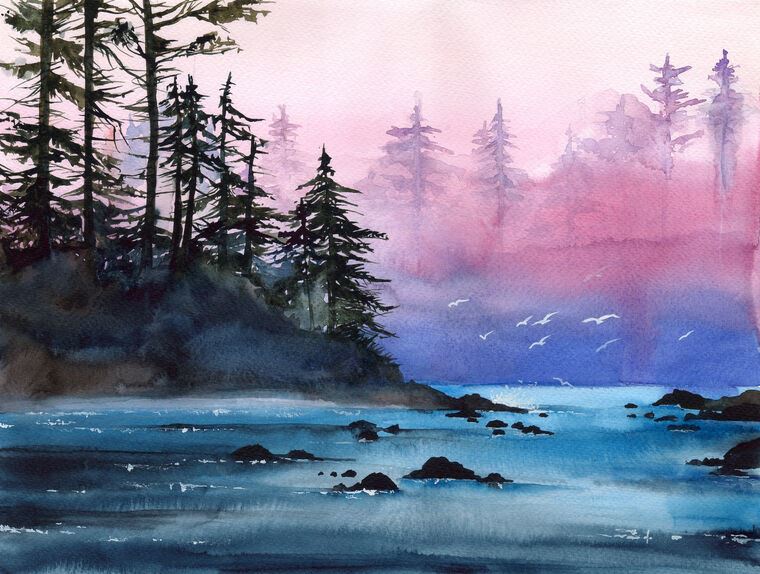Картины на фотобумаге Watercolor landscape with foggy river