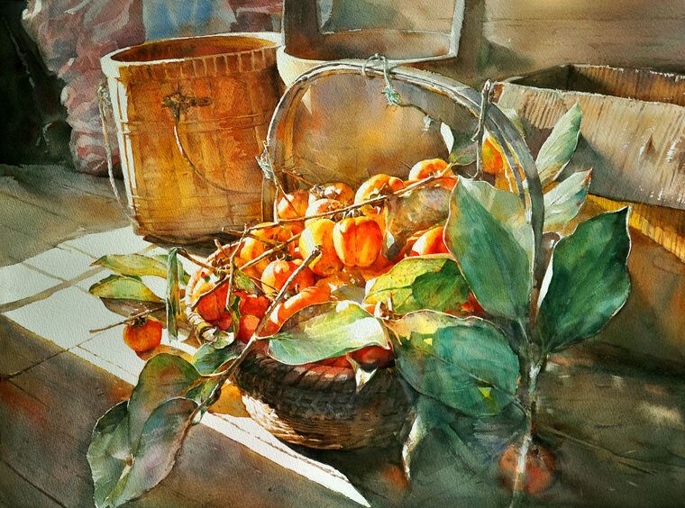 Картины Sunny watercolor still life with persimmon