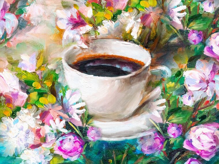 Купить и печать на заказ Картины Чашка кофе на фоне цветов