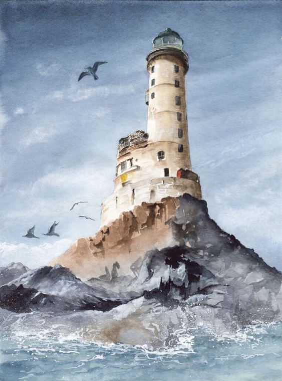 Купить и печать на заказ Репродукции картин Акварельная живопись маяк на скалистом берегу