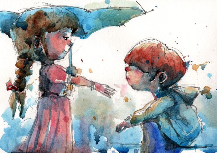 Купить и печать на заказ Репродукции картин Иллюстрация мальчик и девочка под дождем