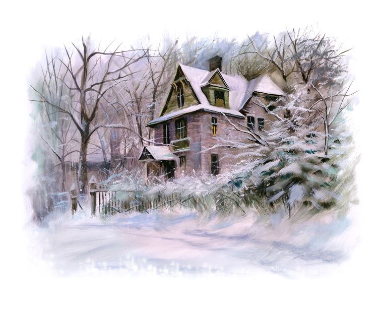 Купить и печать на заказ Репродукции картин Зимний пейзаж с домиком