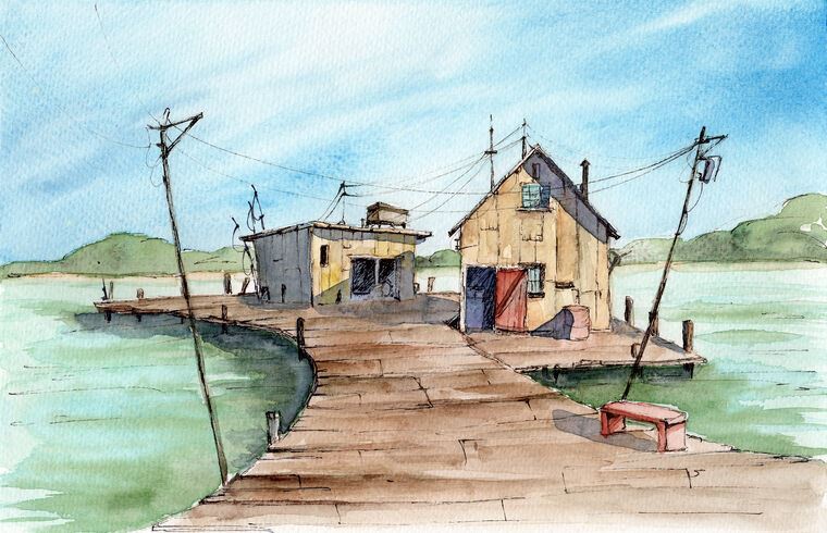 Paintings River jetty with fishing sheds