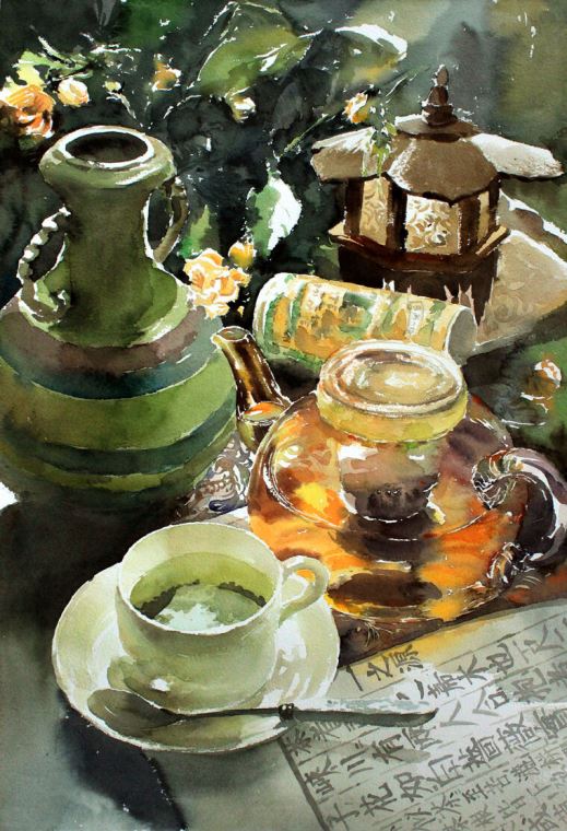 Купить и печать на заказ Репродукции картин Акварельный натюрморт с чашкой чая