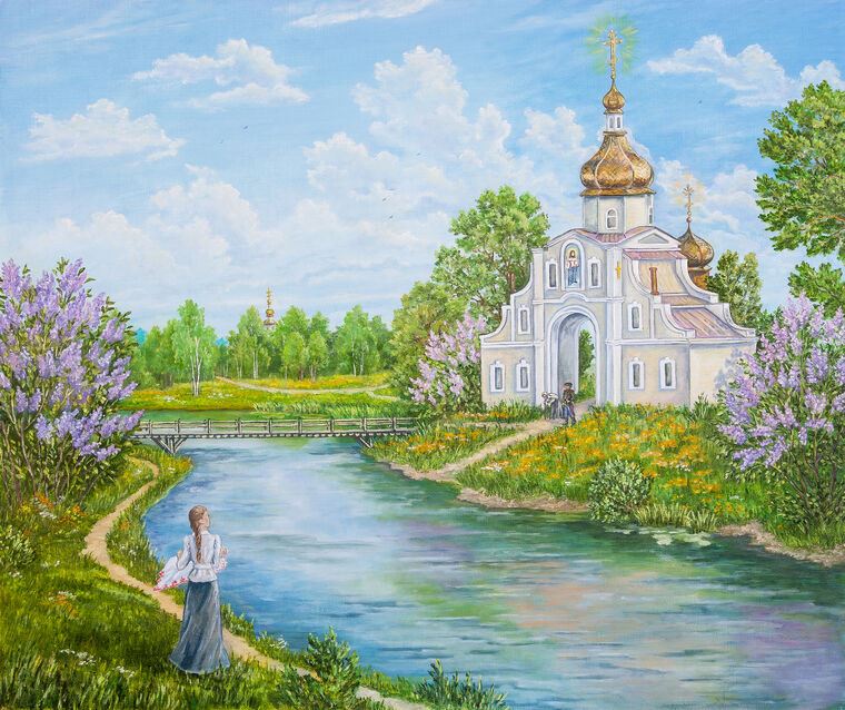 Купить и печать на заказ Репродукции картин Пейзаж с рекой и православной церковью