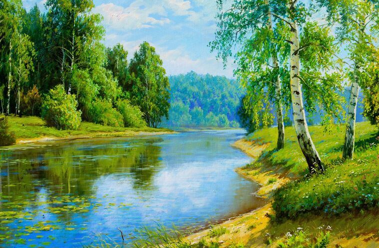 Купить и печать на заказ Репродукции картин Летняя река в солнечный день
