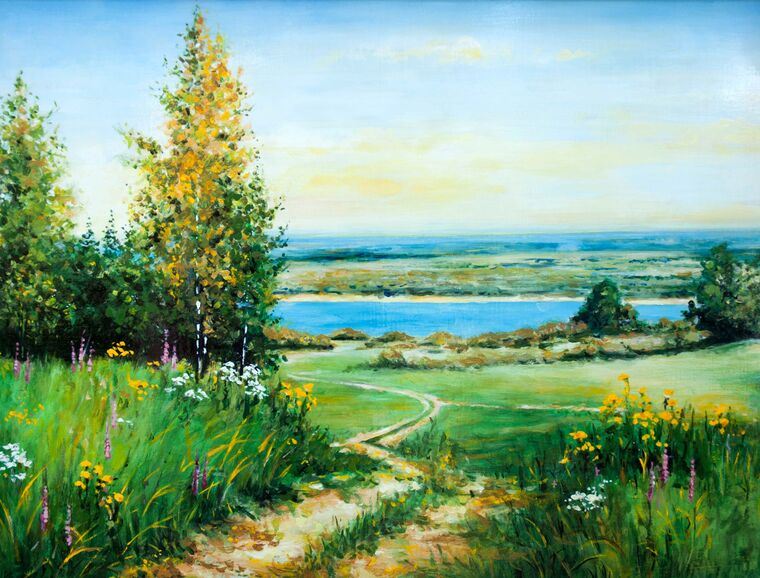 Купить и печать на заказ Репродукции картин Пейзаж с видом на озеро