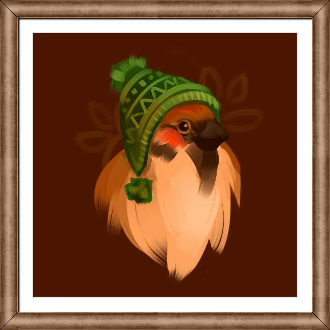 Купить и печать на заказ Картины на холсте Воробей в зеленой шапке