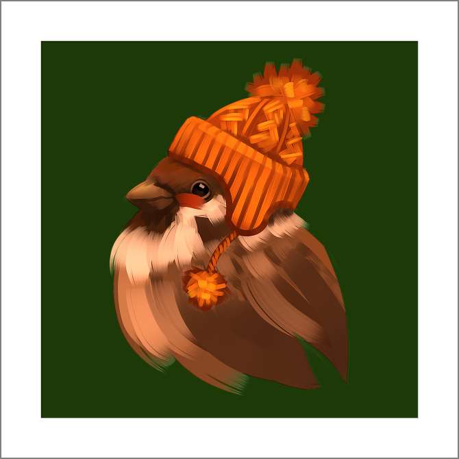 Купить и печать на заказ Картины, фото с паспарту Воробей в шапочке