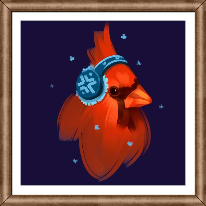 Купить и печать на заказ Картины на холсте Красный кардинал в наушниках