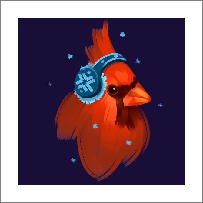 Купить и печать на заказ Картины, фото с паспарту Красный кардинал в наушниках