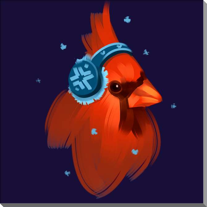 Купить и печать на заказ Картины на пластике, пеноркартоне Красный кардинал в наушниках