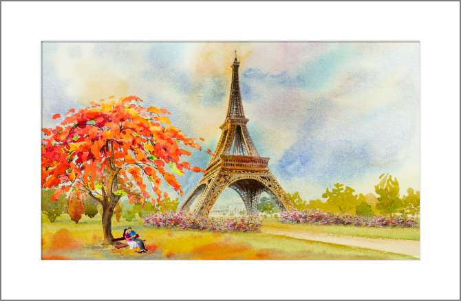 Купить и печать на заказ Картины, фото с паспарту Влюбленные на фоне Эйфелевой башни