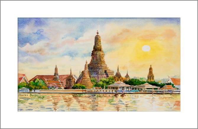 Купить и печать на заказ Картины, фото с паспарту Храм Ват Арун на закате