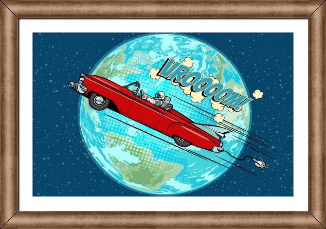 Купить и печать на заказ Картины на холсте Ретро автомобиль на фоне планеты