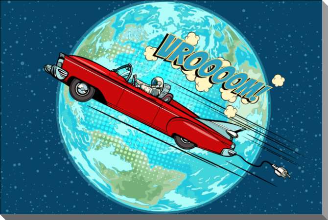 Купить и печать на заказ Картины на пластике, пеноркартоне Ретро автомобиль на фоне планеты