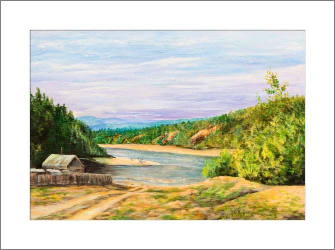 Купить и печать на заказ Картины, фото с паспарту Домик на берегу озера