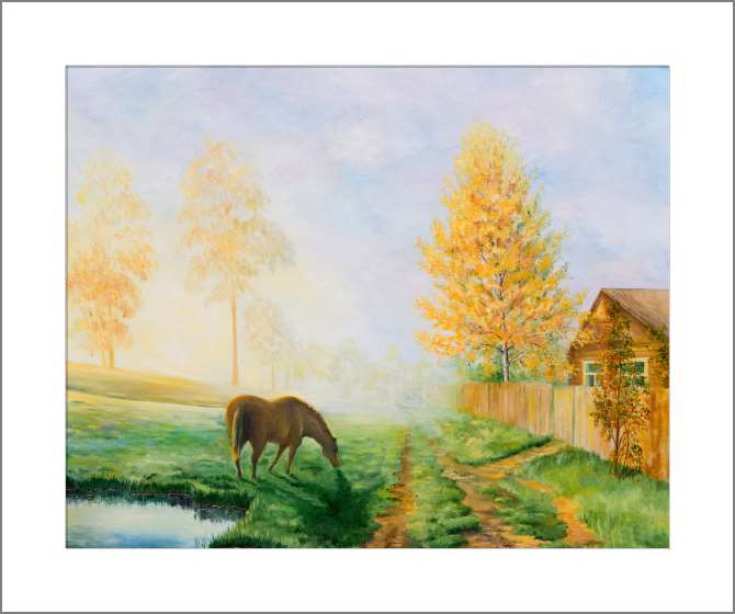 Купить и печать на заказ Картины, фото с паспарту Сельский пейзаж с лошадью